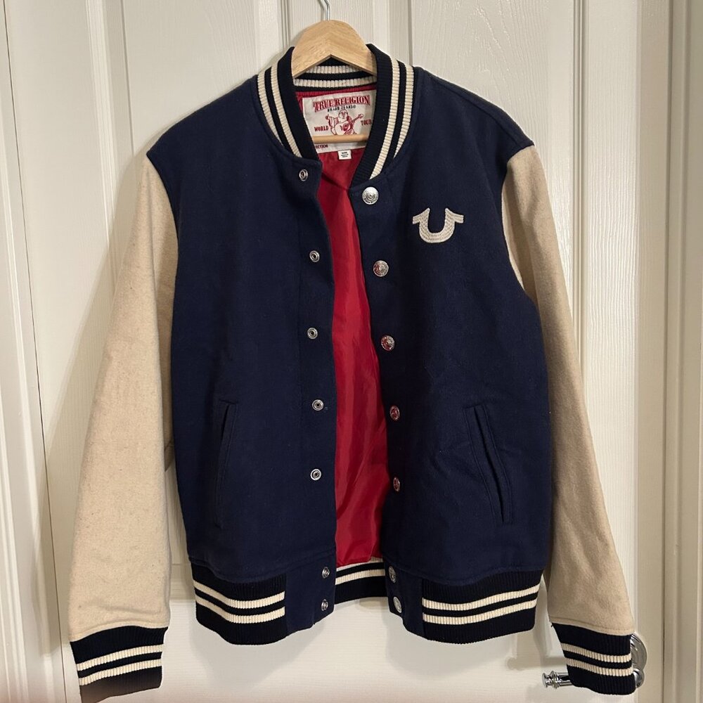 True Religion Varsity Letterman Jacket Wool Blend Snap Front Y2K Streetwear - Picture 10 of 12